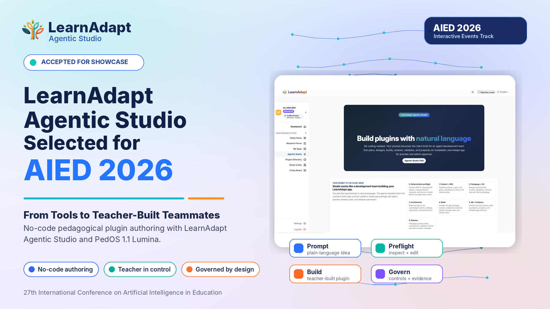 LearnAdapt Agentic Studio selected for AIED 2026, featuring no-code pedagogical plugin authoring, teacher-built AI teammates, and PedOS 1.1 Lumina.