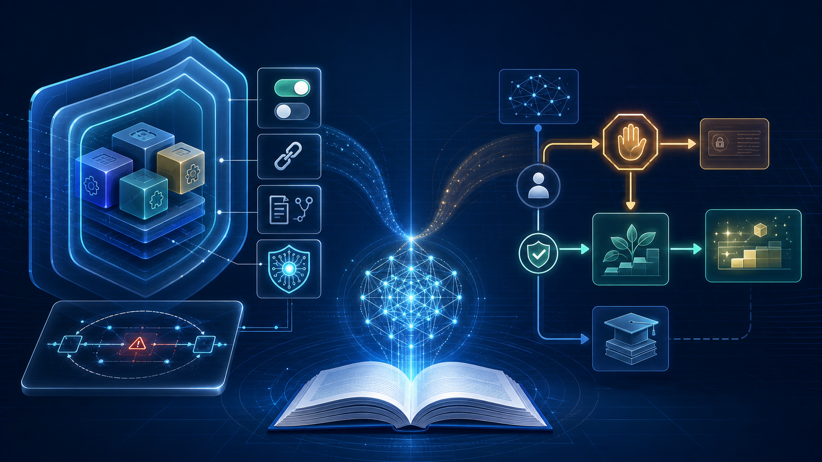 Blue-and-gold illustration with shielded plugin blocks and validation icons on the left, an open book and AI network in the centre, and a learner icon flowing through blocked and approved pathways on the right.