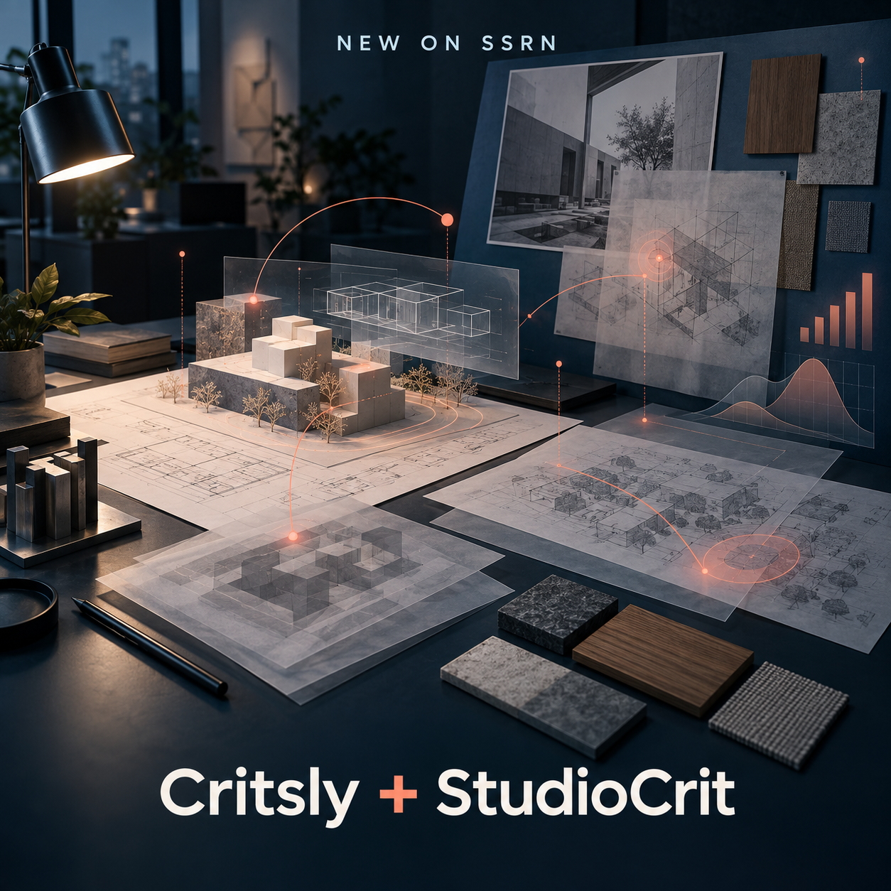 Announcement graphic for Critsly and StudioCrit, showing an architecture-studio critique workspace connected by AI-supported evidence traces.