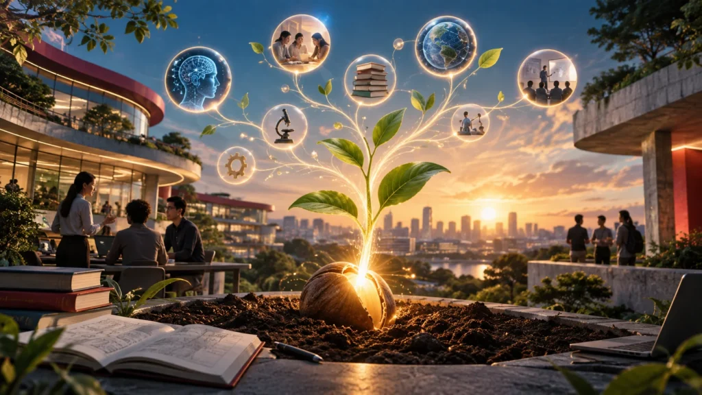 A luminous seed grows into a branching network of research, learning and collaboration in a university setting at dawn.
