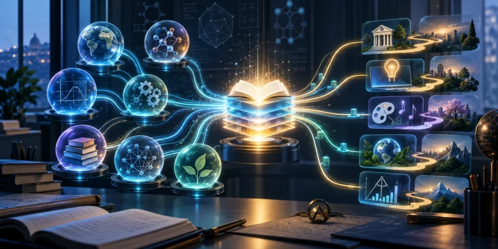 An ensemble of specialised AI modules converges on an illuminated book and branches into multiple learning pathways.