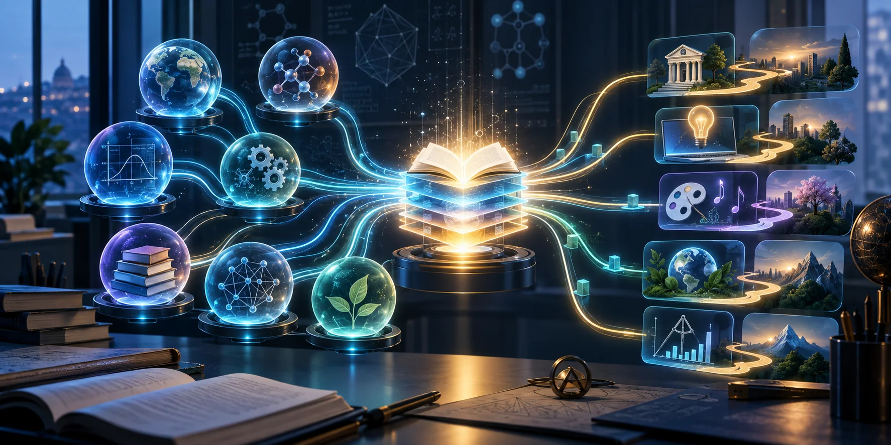 An ensemble of specialised AI modules converges on an illuminated book and branches into multiple learning pathways.