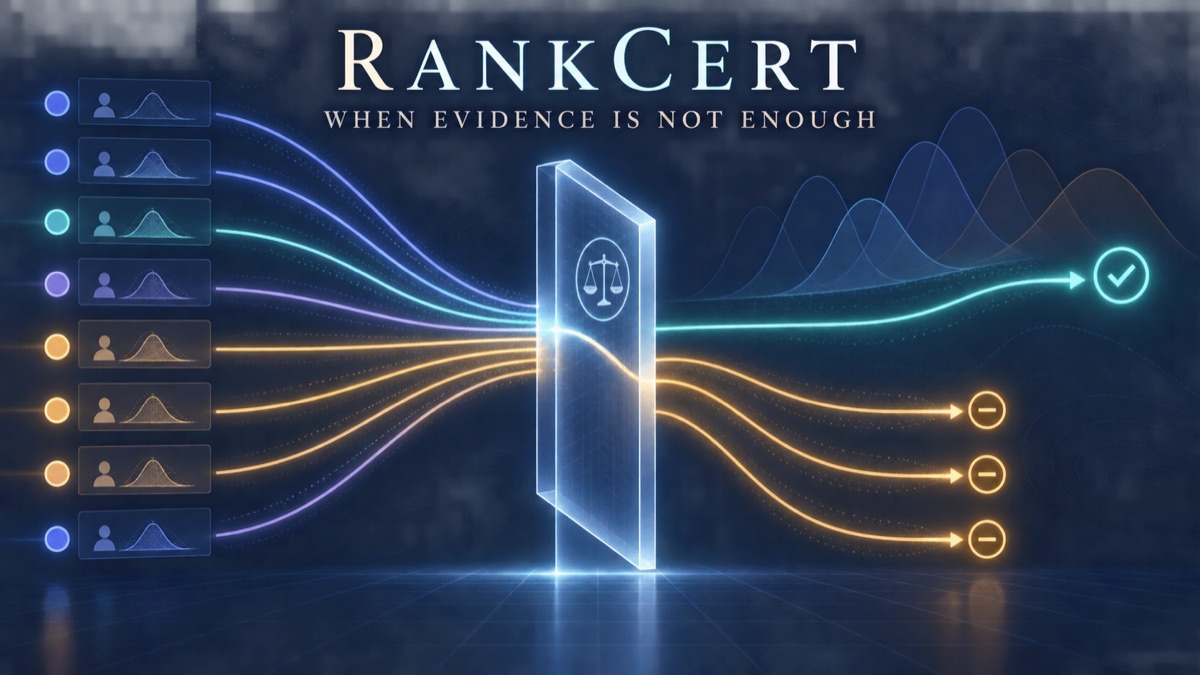 RankCert decision-certification gate showing one certified tutoring policy and several abstentions under structural uncertainty