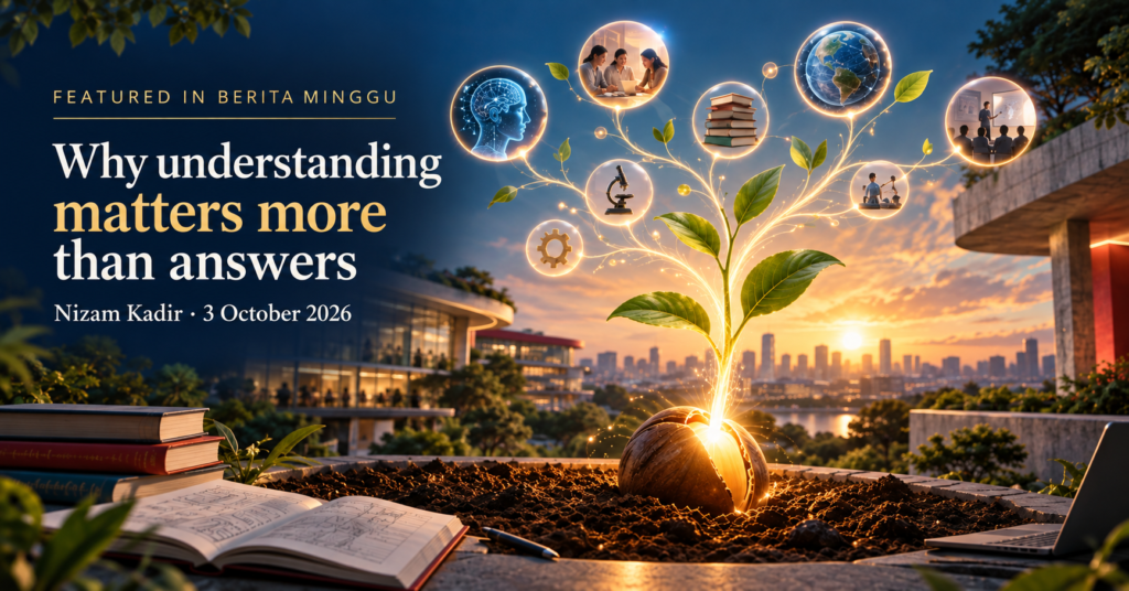 Announcement graphic for Nizam Kadir's Berita Minggu feature about the 2026 Seed Award and educational AI research, showing a growing seedling connected to symbols of learning and AI.